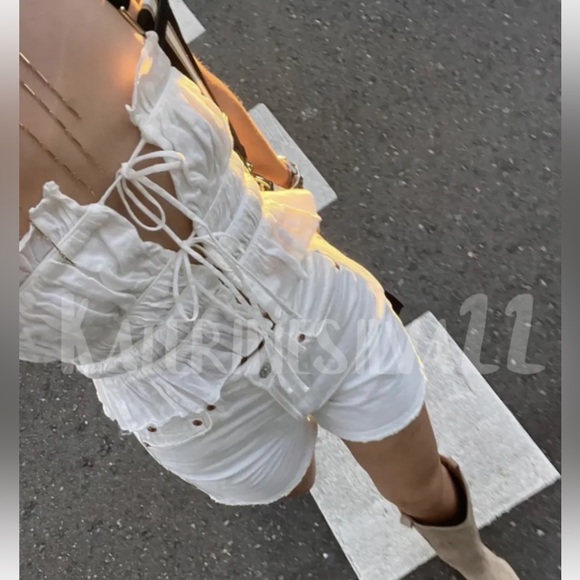 Zara 100% LINEN TIED RUFFLED TOP - Picture 8 of 16